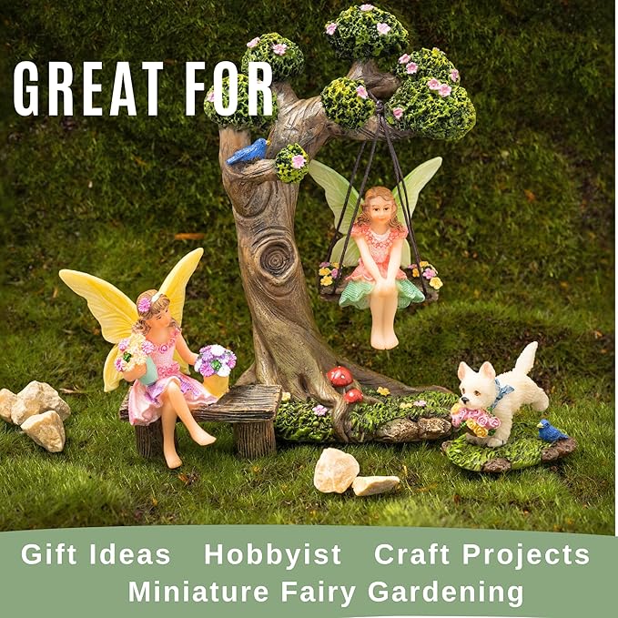 PRETMANNS Fairies for Fairy Garden – Cute Accessories Kit for Indoor or Outdoor Miniature Garden – Figurines, Tree Swing & Puppy Included – 4 Piece Set