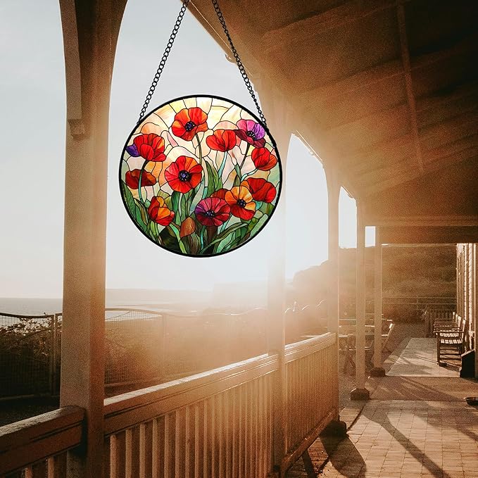 Stained Glass Window Hanging - Poppy Birth Flowers Suncatcher for Door Garden Yard Wildflowers Sun Catchers Decor Christmas Mother's Day Birthday Gifts for Women Mom Nana Friend 9.8 in