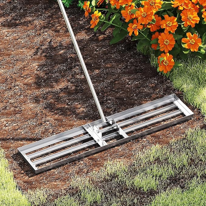 46" x 10" Lawn Leveling Rake, Heavy Duty Landscape Rake with 67" Handle, Non-Slip Grip & Flat Head, Space-Saving Lawn Level Tool for Garden, Backyard, Golf Course & Sports Field(Silver)