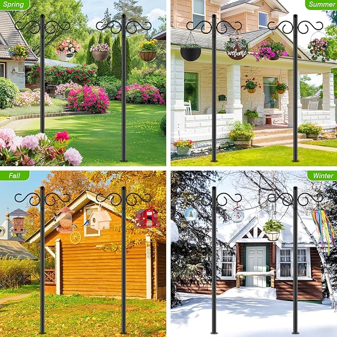 Double Shepherds Hooks for Outdoor,1 Pack 90 Inch Bird Feeder Pole with 5 Prongs Base,Heavy Duty Shepherds Hook,Suitable for Garden in Hanging Flower Basket,Lantern,Bird Nests (1 Pack 90 inch)