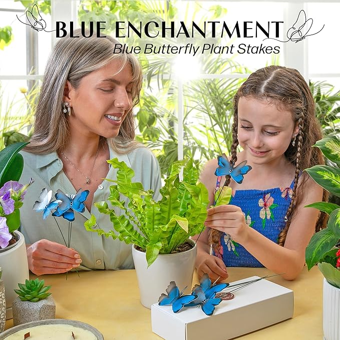 Handmade Sky Blue Butterfly Garden Stakes Set of 7 - Decorative Outdoor & Indoor Plant Decor - Nature Lover Gift Idea by Air Aquarium Kushner
