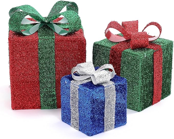 LuxenHome Set of 3 Lighted Gift Boxes, Plug-in Multi Color Boxes with Ribbon Bow for Xmas Holiday Display, Lawn, Porch, Under Tree Indoor, Outdoor Christmas Decoration.
