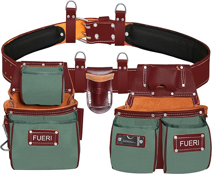 Fueri Electrician's Heavy Duty Tool Belt for Men, Made of Thick Leather and Durable Nylon, Comes with Adjustable Padded Tool Belt, Storage Capacity Tool Pouches, Hammer Holder, And Suspender Loops.