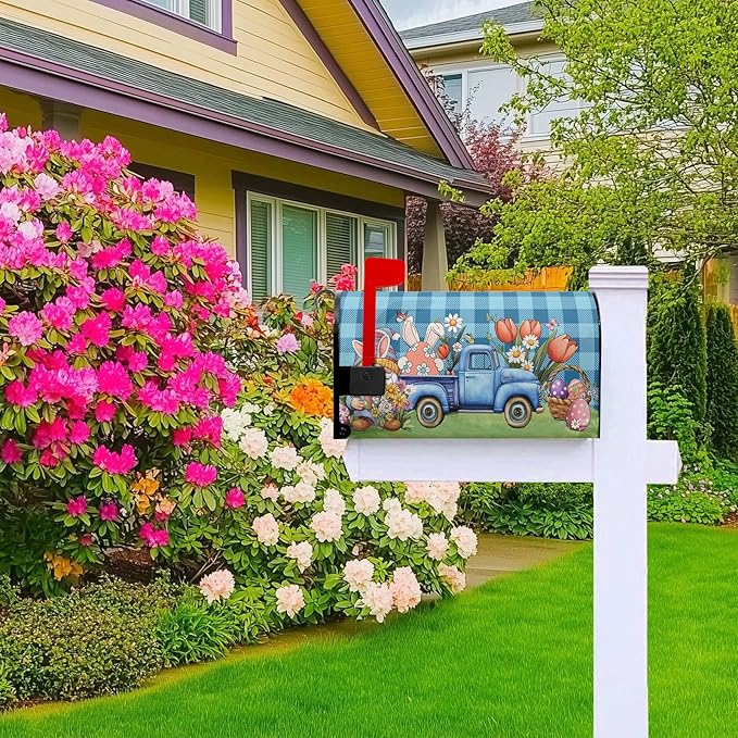 Easter Mailbox Covers Magnetic Gnome Mailbox Cover Standard Size 21x18 in Spring Colorful Flowers Decorations for Outside Garden Waterproof Oxford Blue Buffalo Plaid