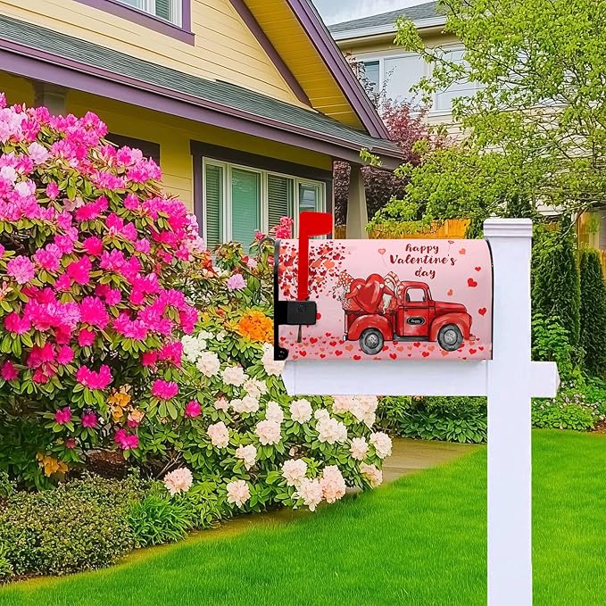 Gnomes Truck Red Valentines Day Mailbox Cover, Standard Size, Waterproof Oxford Fabric, Magnetic, 21x18 Inch