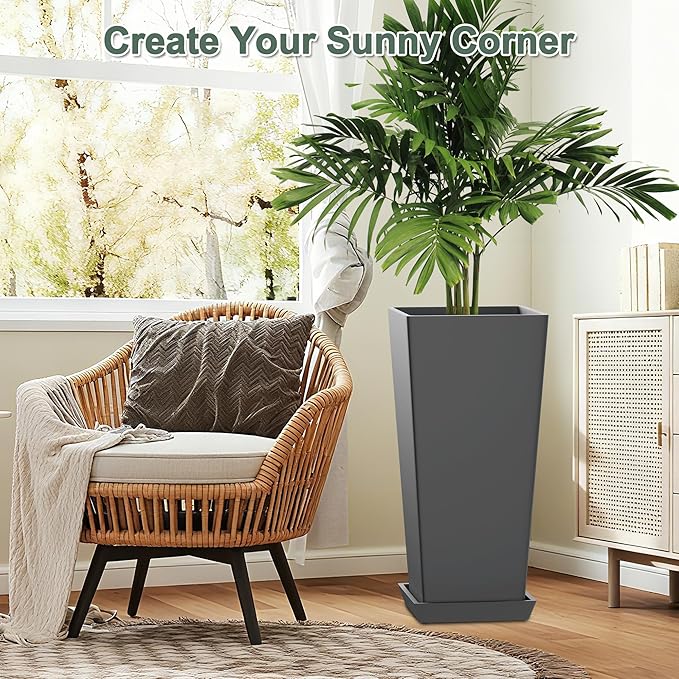 Set of 2 Tall Planters with Drainage Tray, 24 Inch Large Flower Pots for Indoor Outdoor Plants Mordern Planter Weather-Resistant for Patio, Front Door Decor, Garden (Gray)