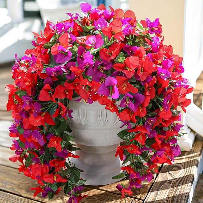 Faux Bougainvillea Artificial Flowers Plants for Outdoors Outside Decoration, 2pcs Fake Flowers Silk Long Trailing Vines UV Resistant Realistic for Front Door Porch Planter Urn Patio Balcony Yard, Mix