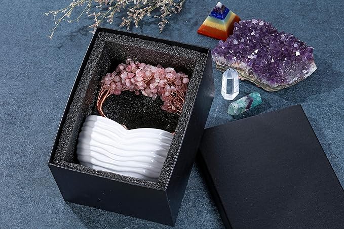Jovivi Rose Quartz Crystal Heart Money Tree Healing Gemstone Bonsai Tree for Wedding Ceremony Reiki Balancing Energy Meditation Feng Shui Wealth & Good Luck Home Indoor Office Decor 7.87"-8.26"