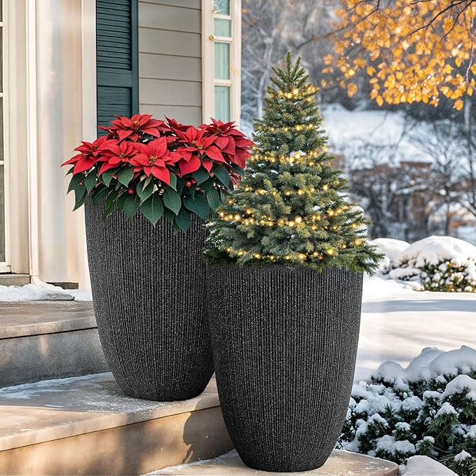 19.1" H Mediterranean Black Round Planter for Outdoor Plants,Set of 2 Large Flower Pot with Drainage Hole,Weather-Resistant for Porch,Garden,Patio or Indoor Use, Ideal for Christmas Decoration.