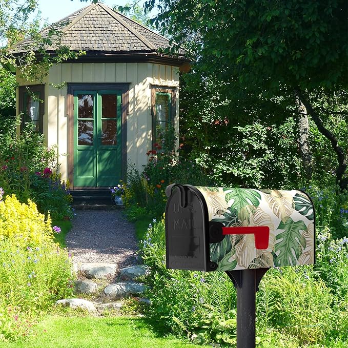Summer Mailbox Cover Tropical Palm Leaf Magnetic Mailbox Wrap Jungle Leaves Waterproof Mail Box Post Letter Box Cover Standard Size 21x18 in Garden Yard Outdoor Decoration