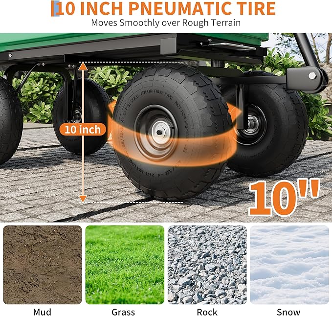 4 Cu.Ft. 600Lbs Garden Cart Dump Wagon, Heavy-Duty 4 Wheel Wheelbarrow Yard Cart with 10-Inch All-Terrain Wheels, Features A Quick-Release Tipping Function, for Courtyards, Farm and Gardening