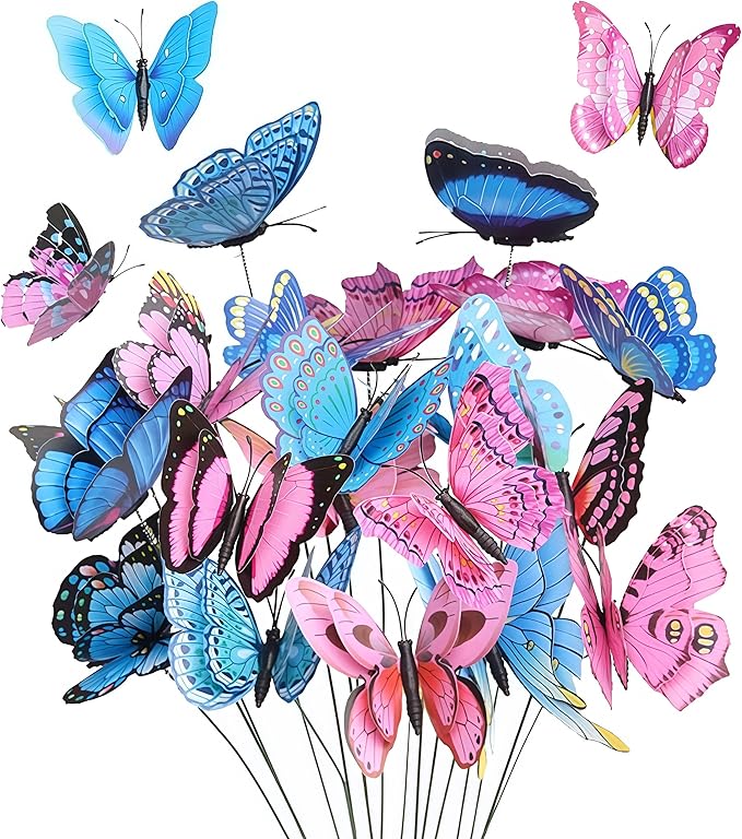 20PCS Butterfly Stakes,Plant Stakes,3D Colorful Double Wings with Bendable Stick,Ornaments Artificial Waterproof Butterfly Decorations,Garden Stake Decorations Butterflies for Flower Outdoor Indoor