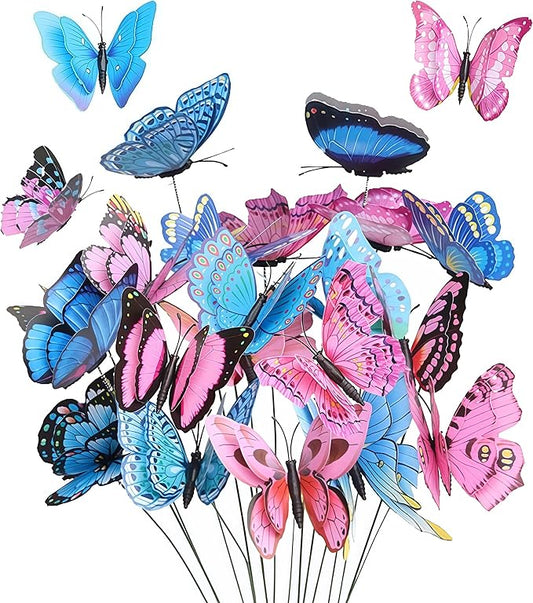 20PCS Butterfly Stakes,Plant Stakes,3D Colorful Double Wings with Bendable Stick,Ornaments Artificial Waterproof Butterfly Decorations,Garden Stake Decorations Butterflies for Flower Outdoor Indoor