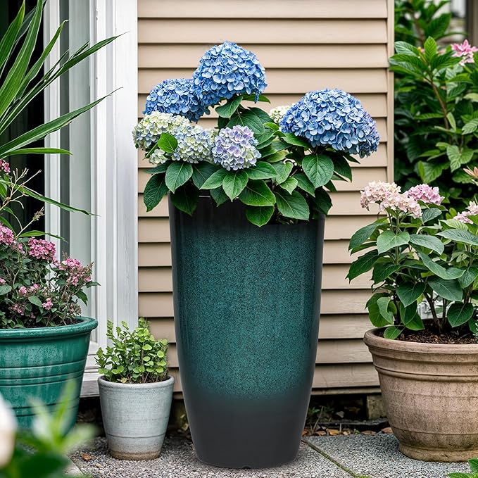 23.8" Tall Pots for Plants Ceramic Style Large Plant Pot Outdoor Set of 2 Indoor Flower Pots for Front Porch Decor Durable Plastic Planters for Garden, Patio, Living Room, Turquoise