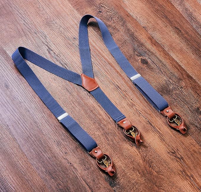 UPSONG Mens Suspenders，Brown Leather Button Tab and Clip Braces Heavy Duty Suspender Wedding Suspenders for Groom Groomsmen