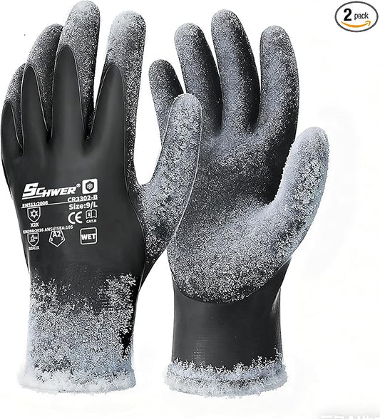 Schwer 2 Pairs 100% Waterproof Winter Work Gloves, ANSI A2 Cut Resistant Freezer Gloves for Outdoor Cold Weather Keep Hands Warm, Thermal Insulated Gloves for Shoveling Snow, Ice Fishing, XXL