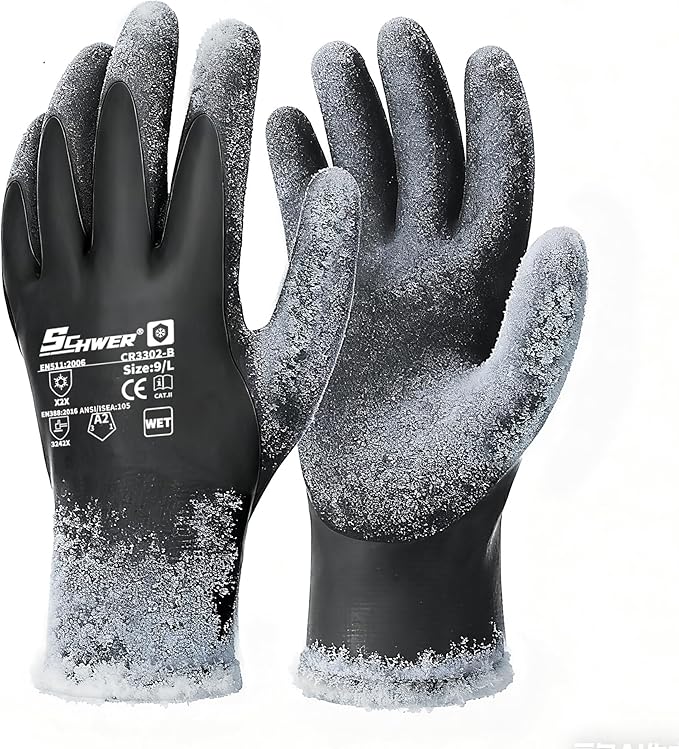 Schwer 2 Pairs 100% Waterproof Winter Work Gloves, ANSI A2 Cut Resistant Freezer Gloves for Outdoor Cold Weather Keep Hands Warm, Thermal Insulated Gloves for Shoveling Snow, Ice Fishing, XL