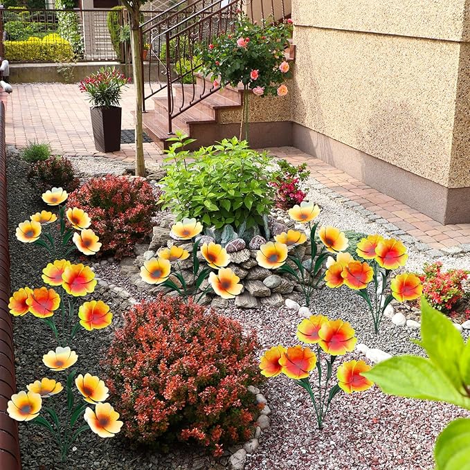 2 Pack Metal Flowers for Outdoor, Decorative Garden Stakes Yard Art, Outdoor Spring Garden Stake Summer Decor Bouquet of Poppy Flower Rustic Handcrafted Items for Lawn Porch Fence(Yellow)