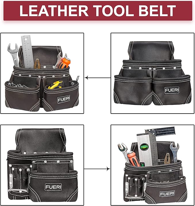 FUERI Leather Tool Belt with Dual Hammer Holster Tool Pouches Heavy Duty For Men Construction Carpenters Electricians Framers Ironworkers Garden Women