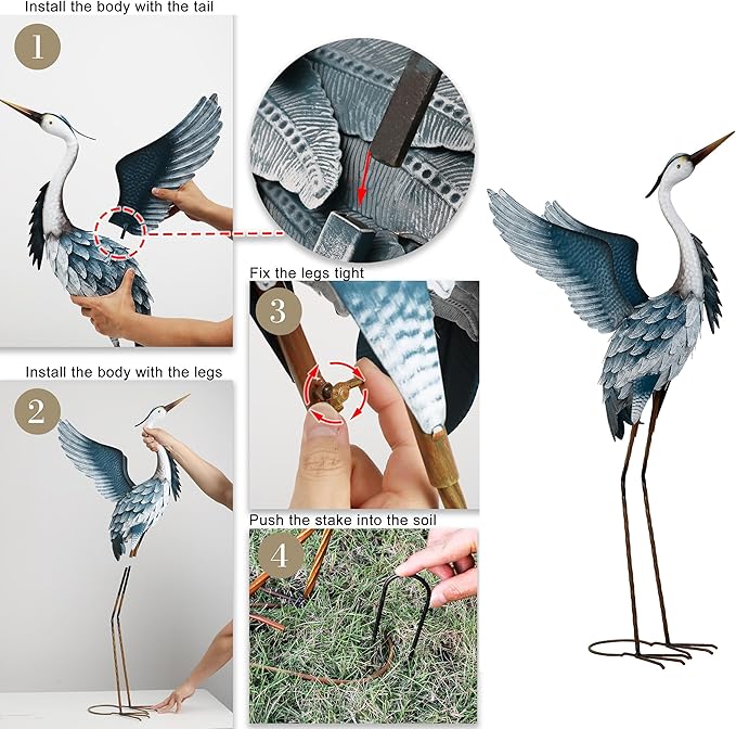 TERESA'S COLLECTIONS Garden Decor, Set of 2 Herons Garden Decor, 23-25", Elegant Herons with Blue Painting, Waterproof Metal Garden Statue, Herons Gifts Birthday Gifts for Women Mom