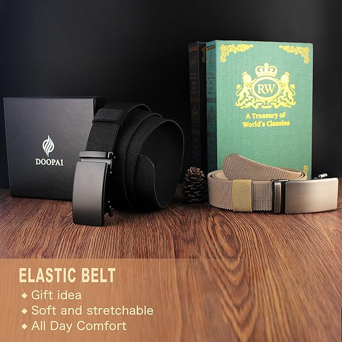 DOOPAI Belt Men, elastic golf belts for men, 2 Pack Nylon Ratchet Belt Mens Belts Casual, Adjustable Trim to Fit