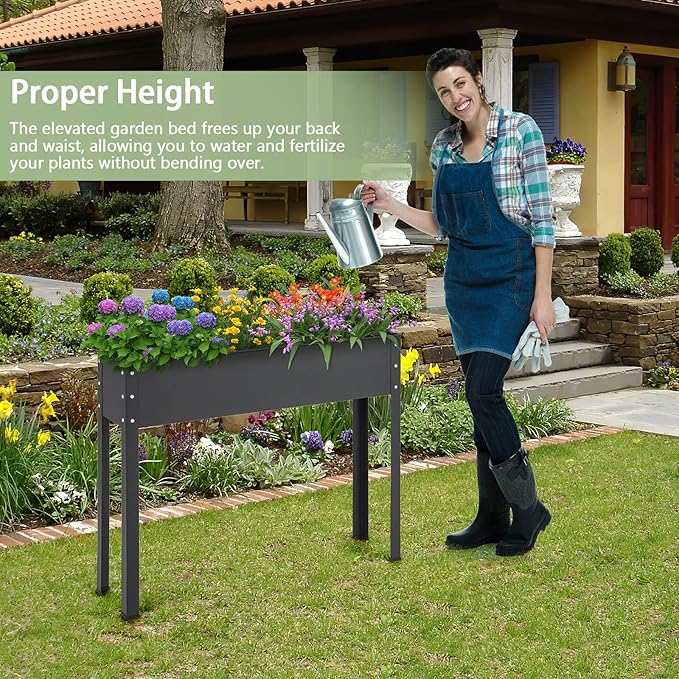 HAPPYGRILL Raised Garden Bed, 31.5” Elevated Planter Box w/Legs, Drainage Hole, Hemming Design, Metal Garden Box for Vegetable Herb, Outdoor Raised Beds for Gardening, Backyard Porch Balcony, Black