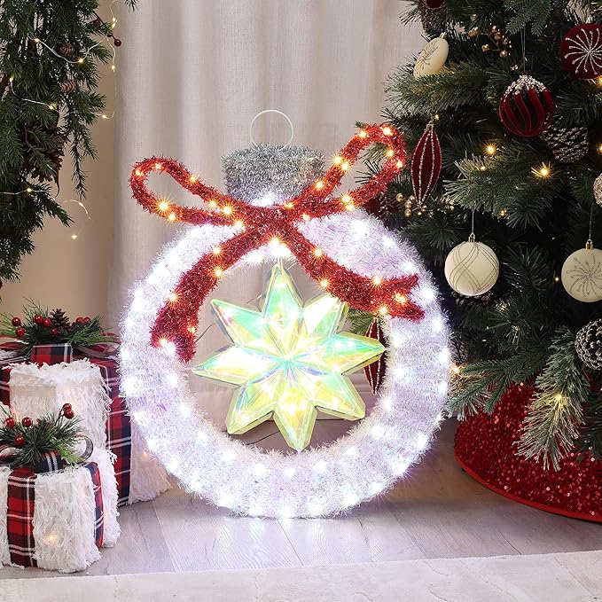 LuxenHome 2FT Lighted Ornament Christmas Outdoor Decorations, Large Light Up Christmas Ornament with Red Bow Yard Decorations Outdoor with 120 LED Lights, Lawn Decor for Xmas, Porch Display