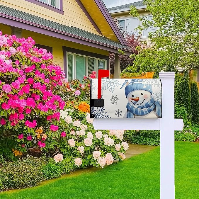 Winter Snowman Mailbox Cover Blue Bird Mailbox Covers Magnetic Snowflake Post Letter Box Cover Standard Size 21x18 inch for Garden Outdoor Yard Decor White