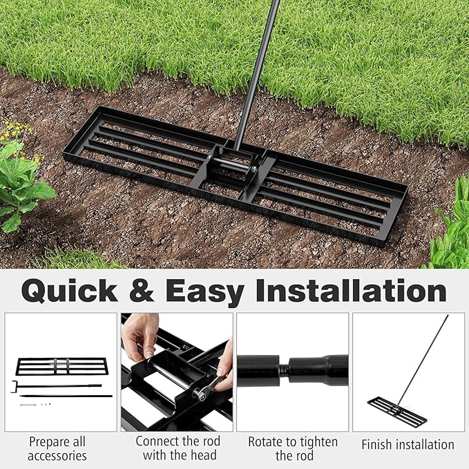 42" x 10" Lawn Leveling Rake, Heavy Duty Landscape Rake with 67" Handle, Non-Slip Grip & Flat Head, Space-Saving Lawn Level Tool for Garden, Backyard, Golf Course & Sports Field(Black)