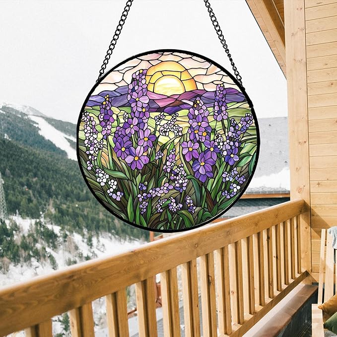 Stained Glass Window Hanging - Purple Lavender Suncatcher for Door Terrace Garden Home Decor Plant Flowers Landscape Sun Catcher Birthday Gifts for Lovers Women Men Dad Mom Nana 11.8 in