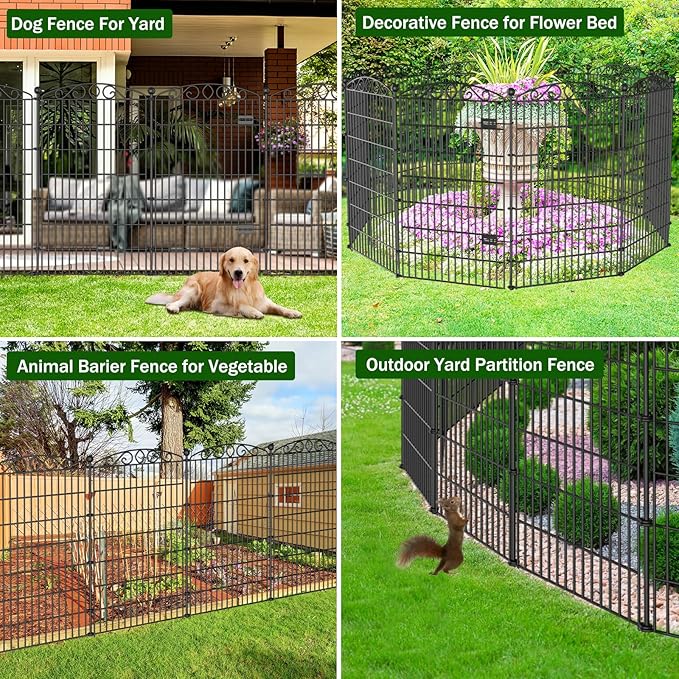 5 Panel No Dig Decorative Garden Fence with Gate - 48in H x 11.2ft L, Tall Animal Barrier for Dogs Rabbits, Rustproof Metal Wire Panels for Yard, Patio, and Outdoor Border Use