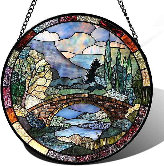 Stained Glass Window Hanging, Blue Landscape Arch Bridge Sun Catcher for Door Home Decor Suncatcher Christmas Mother's Day Birthday Gifts for Women Men Mom and Nana 15 in