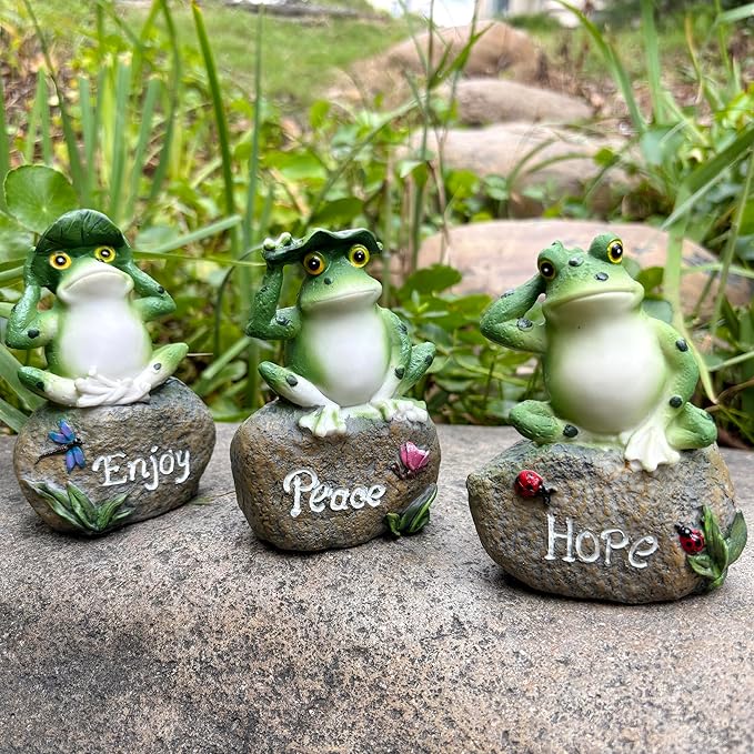 Inspirational Frogs Garden Statues, 3 Pack Frog Sitting on Stone Sculptures Outdoor Decor for Patio, Yard, Pond & Fairy Garden