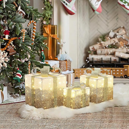 LuxenHome Set of 3 Lighted Gift Boxes, Plug-in White Crackle with Glitter Ribbon Bow Boxes with Timer Holiday Display, Lawn, Porch, Under Tree Indoor, Outdoor Christmas Decoration