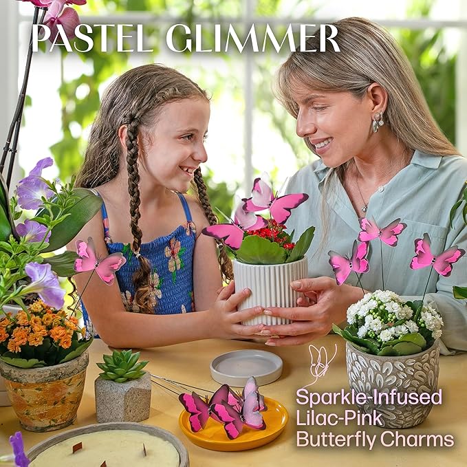 Handmade Lilac Pink Butterfly Garden Stakes Set of 7 - Decorative Outdoor & Indoor Plant Decor - Nature Lover Gift Idea by Air Aquarium Kushner
