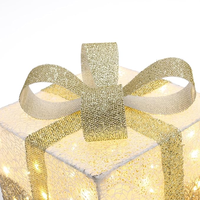 LuxenHome Set of 3 Lighted Gift Boxes, Plug-in White Crackle with Glitter Ribbon Bow Boxes with Timer Holiday Display, Lawn, Porch, Under Tree Indoor, Outdoor Christmas Decoration