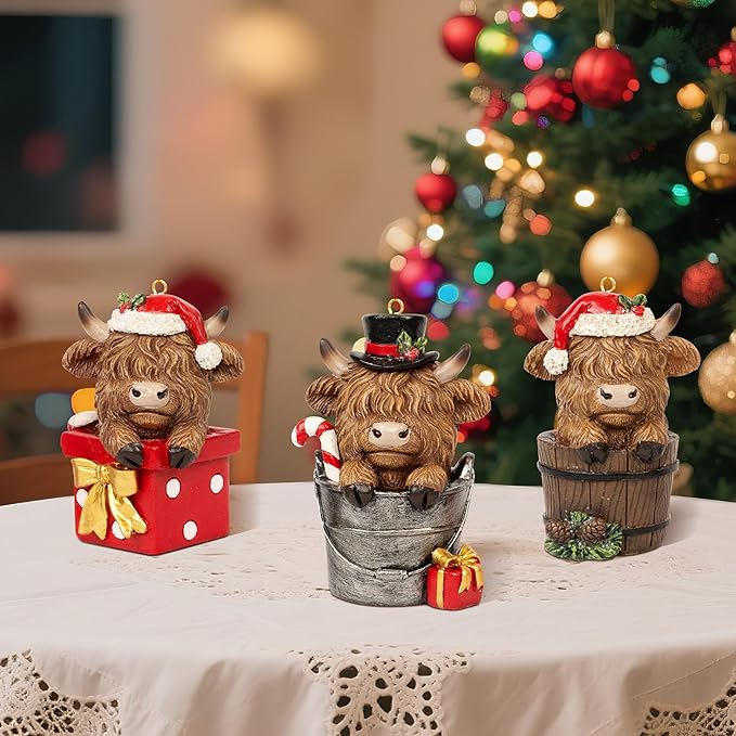 Christmas Highland Cow Figurines Decor, 3 PCS Small Christmas Cows Hidden in Barrel/Bucket/Gift Box, Hanging Ornaments Xmas Resin Statue for Garden Bathroom Kitchen Home Table Decorations