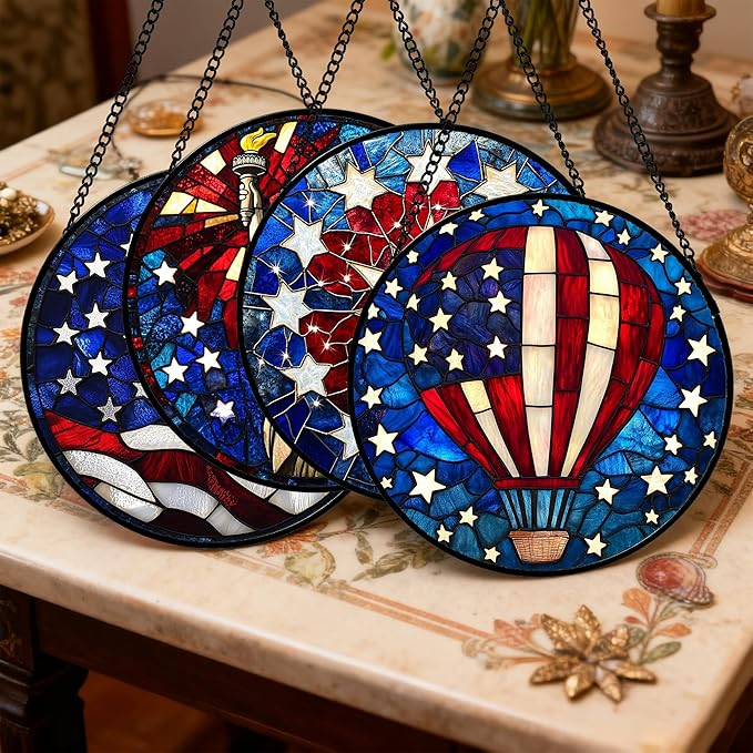 Stained Glass Window Hanging 4 Pcs Set Red Blue Flag Freedom Theme 9.8" - Suncatcher Door Garden Sun Catcher Decor Birthday Christmas for Mom Woman Nana Men Friend