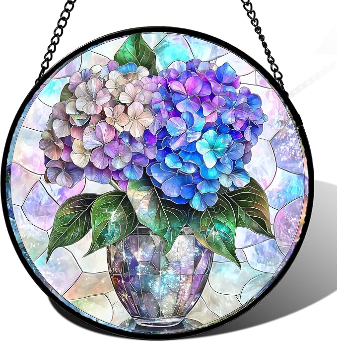 Stained Glass Window Hanging, Blue Purple Hydrangea Flowerpot Suncatcher for Doors Home Sun Catchers Decoration and Christmas, Mother's Day Birthday Gifts for Women, Men, and Mom 11.8 in