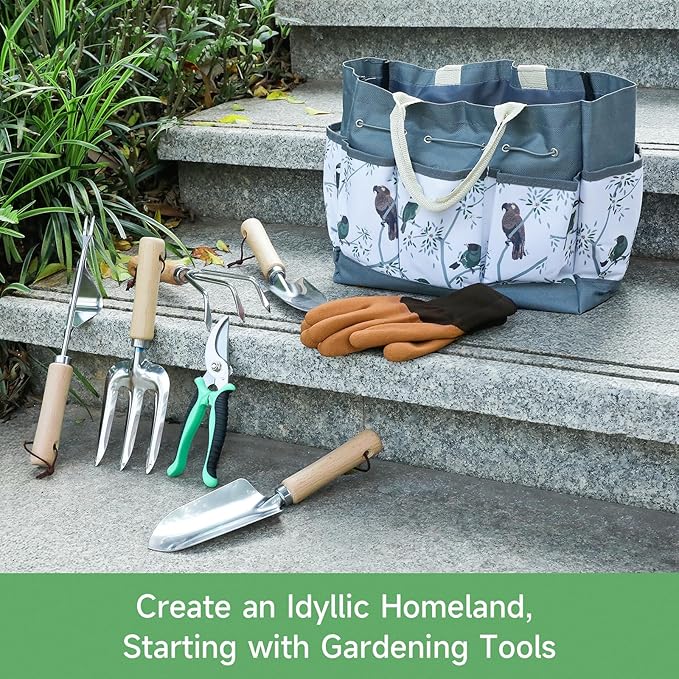 9-Piece Gardening Tools Set - Complete Gardening Kit with Heavy-Duty Stainless Hand Tools, Durable Storage Bag with Garden Accessories, Ideal Gardening Gifts for Women, Men, Gardeners
