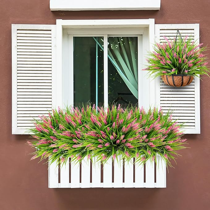 Sggvecsy 24 Bundles Artificial Plants Outdoor Faux Lavender Flowers Fake Monkey Grass UV Resistant Plastic Greenery Plants for Garden Home Porch Window Patio Hanging Planter Indoor Decor(Pink)