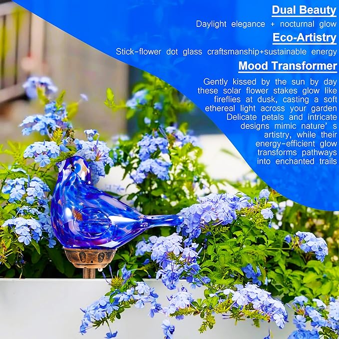Solar Bird Garden Stake Lights - Hand Blown Glass Decorative Garden Pathway Lights Outdoor Waterproof Bird Glass Stakes (Dark Blue)