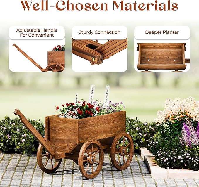IDZO Wood Wagon Planter for Outdoor Balcony Decor - Garden Rustic Wooden Flower Cart with Wheels for Outside - Garden Decor - Amish Decorative Indoor - Wheelbarrow Planter for Patio