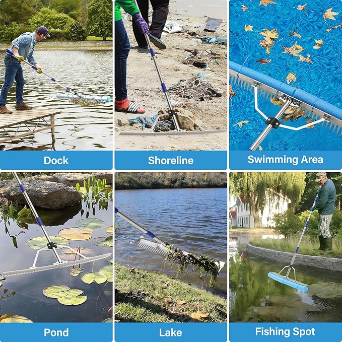 Aluminum Landscape Rake, 31'' Wide Heavy Duty Lake Weed Rakes for Gravel Driveway Leveling,Soil Loosening,Aquatic Weed,Algae Removal, Long Handle Landscaping Tool for Beach,Garden Lawn Yard Cleaning