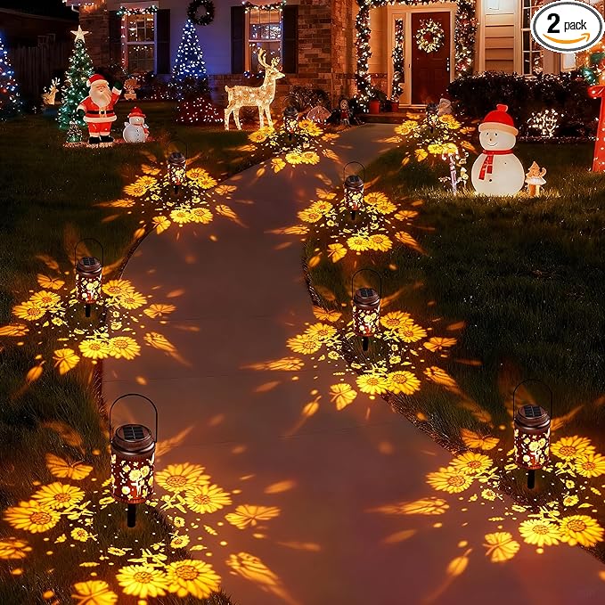 Cooo 2 Pack Solar Pathway Lights & Solar Lanterns Outdoor Waterproof Landscape Path Lights Christmas Lights Gifts for Women Mom Grandma for Garden Yard Patio Backyard Porch Decorations-Gold Sunflower