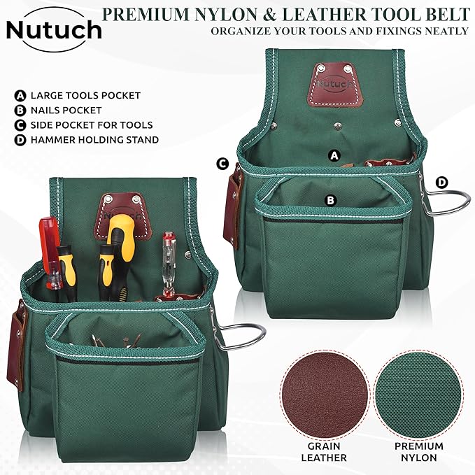 Nylon and Leather Tool Belt | Nylon Tool Pouch | Carpenter | Construction | Framers | Electrician Tool Belts | Drywall Tool Bags (GREEN)