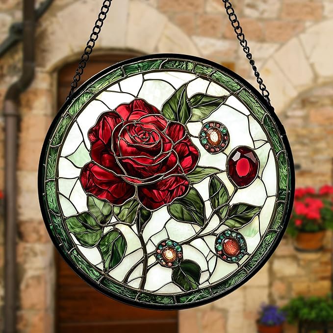 Stained Glass Window Hanging, Red Rose Gemstone Green Sun Catchers Diamond Glass Panel Hangings Suncatcher Decor for Birthday for Women, Men, Wife, Aunt, and Mom 11.8x11.8 in