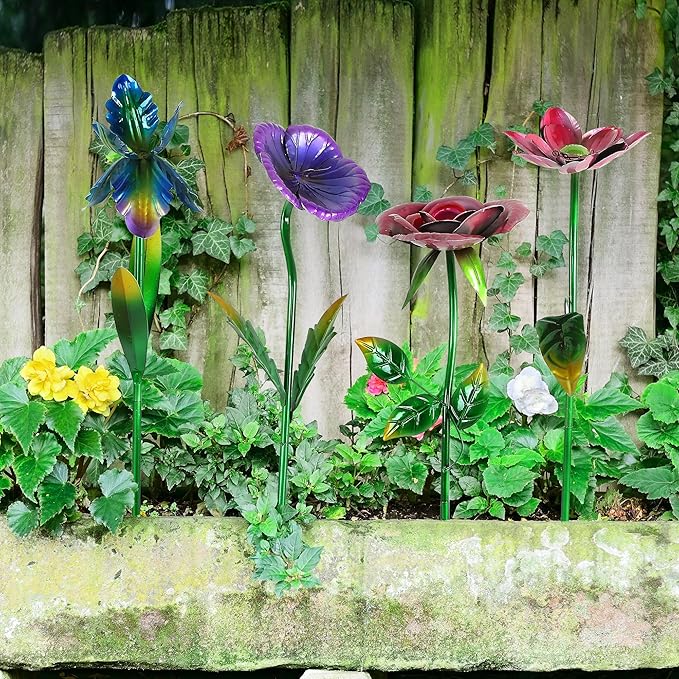 28.5" H Large Flower Stake Metal Decoration for Garden Set of 4, Plant Pick Art Ornaments Waterproof Stake for Lawn Porch Pathway Patio Flower Bed, Yard Outdoor Ornaments(Red & Purple & Blue)
