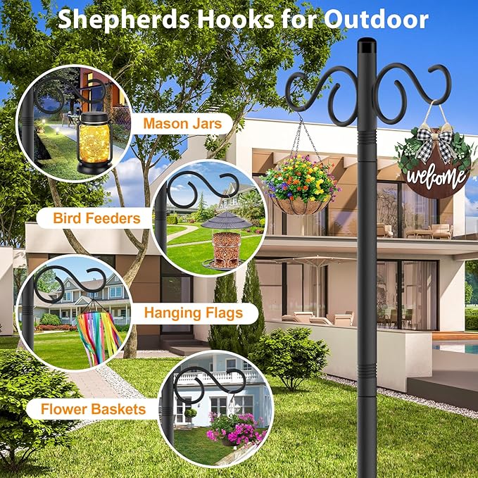 Adjustable Shepherd Hooks for Outdoor,3 Pack 90 Inch 5 Prong Base Bird Two Sided Feeder Poles,Heavy Duty Shepherds Hook,Suitable for Garden in Hanging Flower Basket,Lantern,Bird Nests