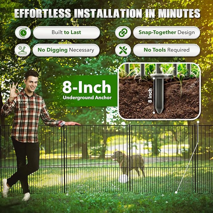 WESLEY'S CORNER Tall Fence Panels - 32”H x 29”L, No Dig Metal Dog Fence, Heavy Duty, Garden Border & Animal Barrier, Rustproof, Decorative Fencing for Backyards, Frontyards, Outdoors and Edging